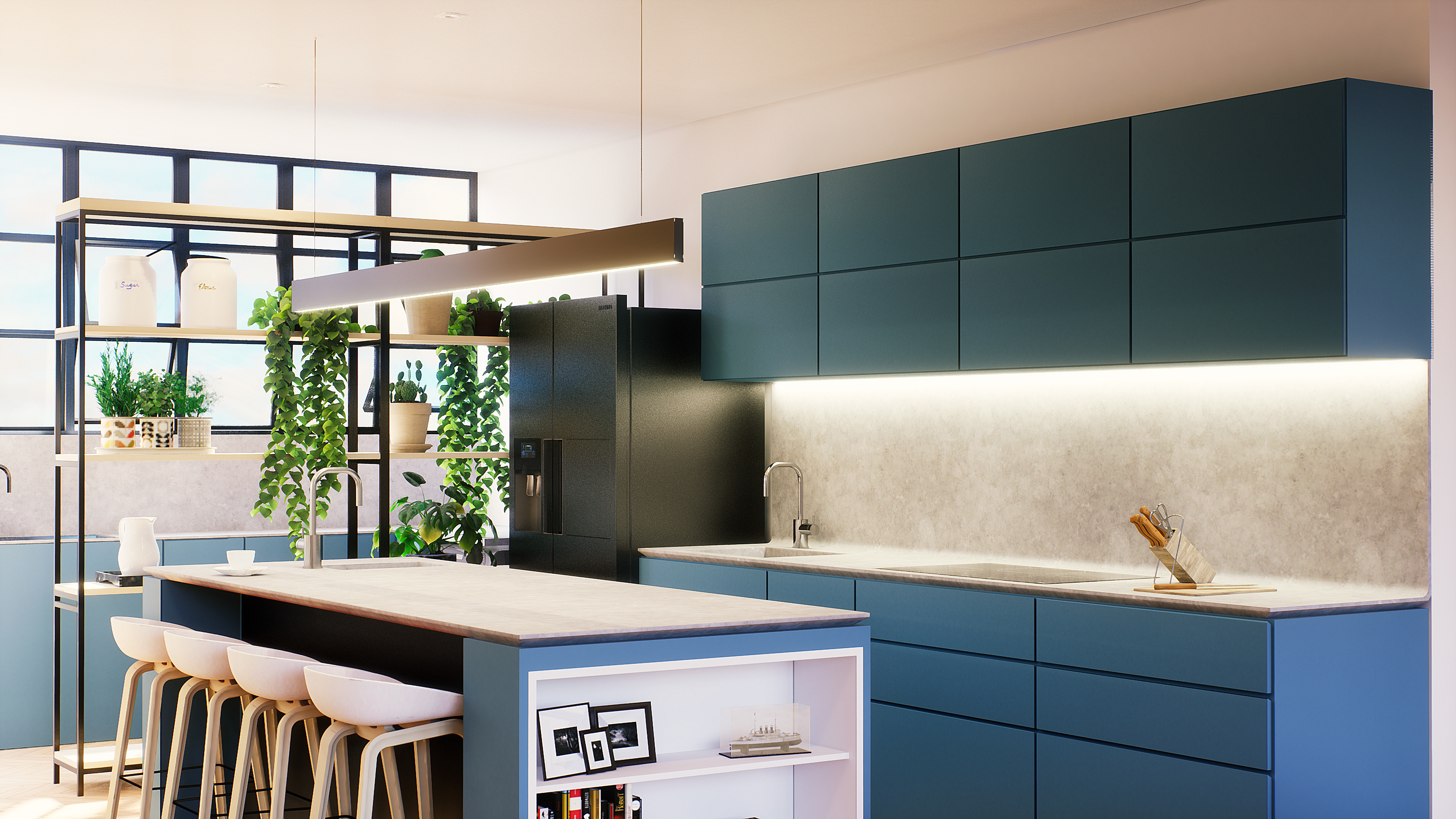 Kitchen island with teal cabinets