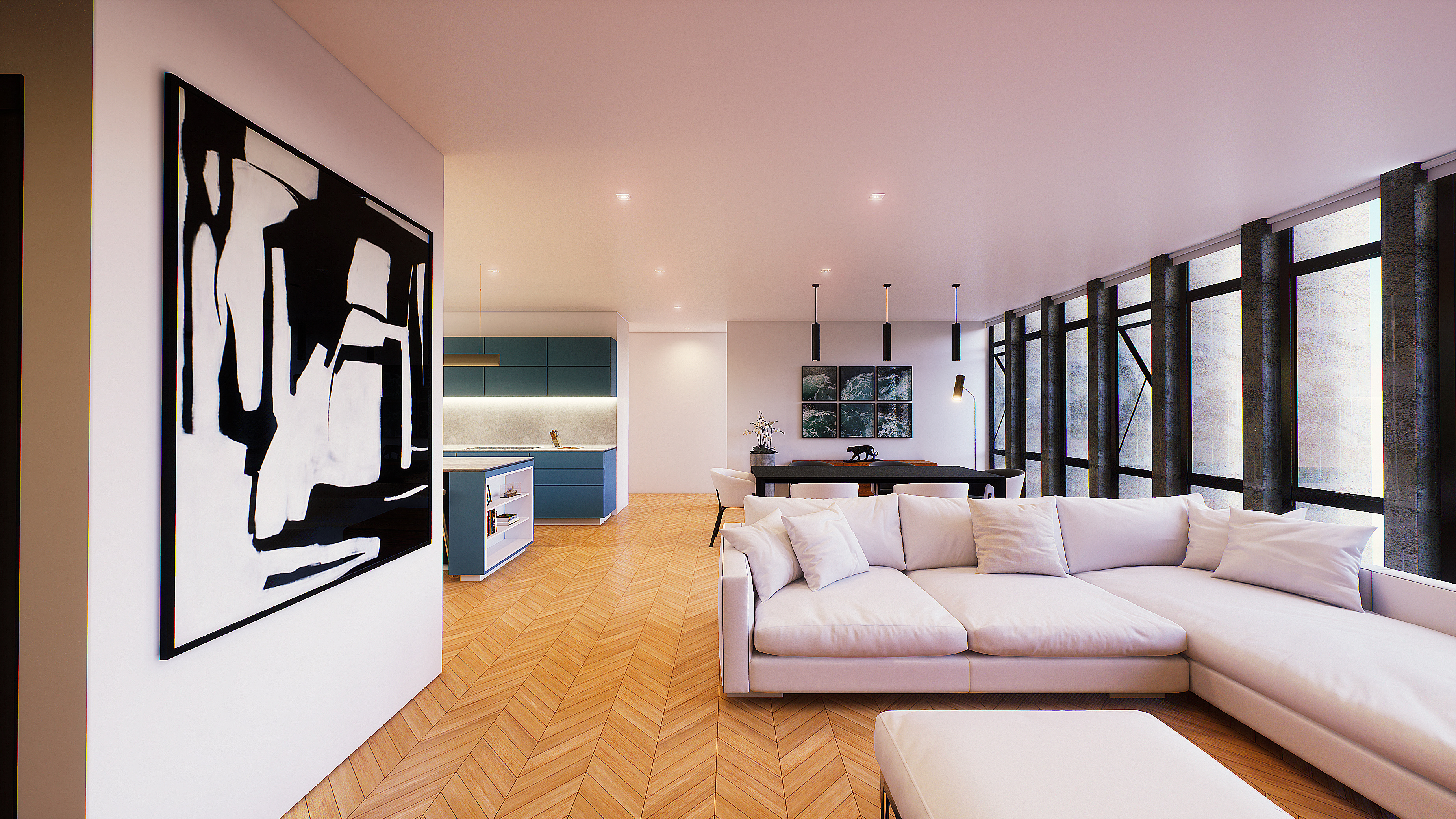 Sofa and artwork, looking toward the kitchen