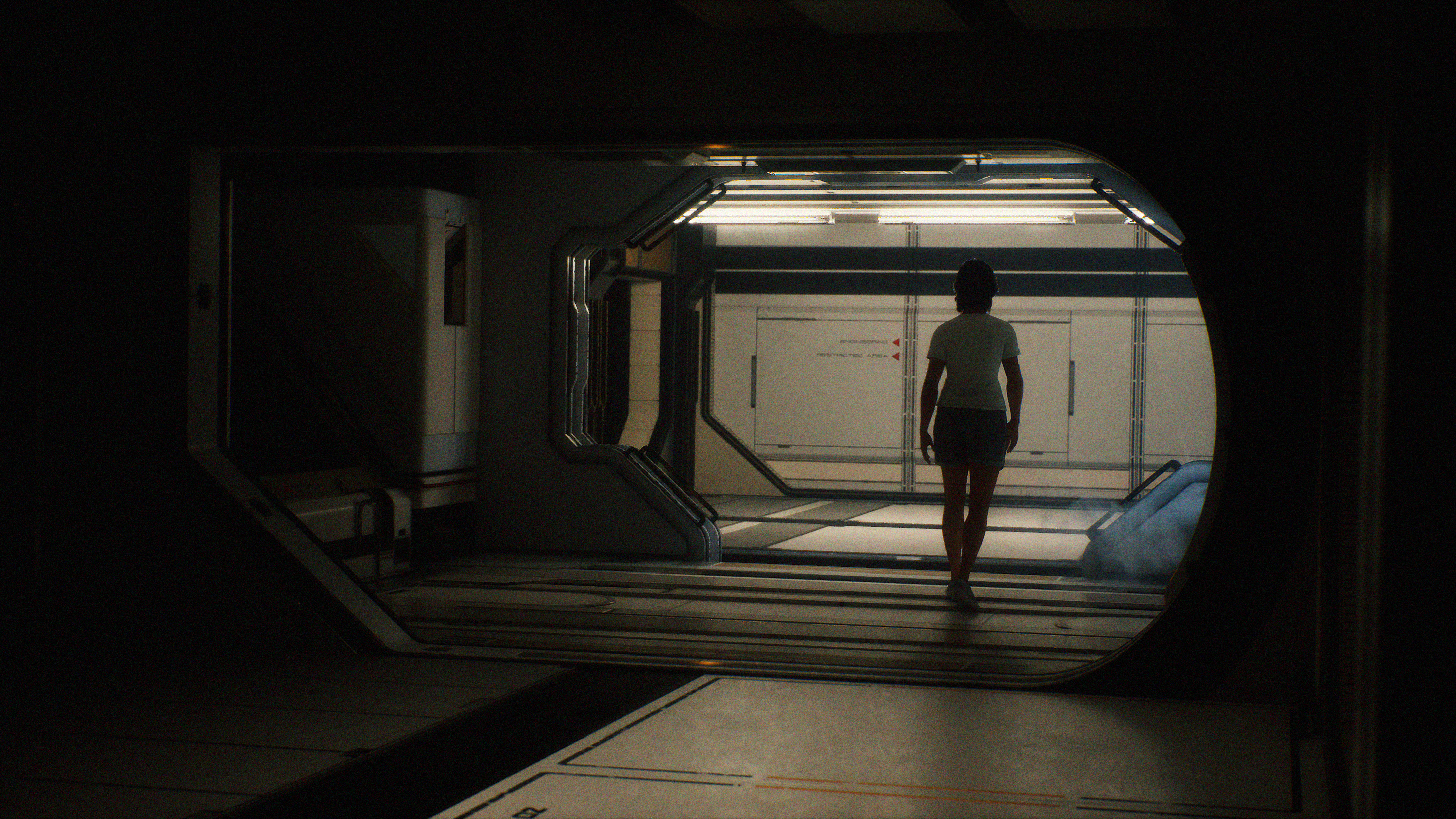 SciFi Relight, figure walking through a lit corridor